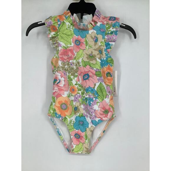 Janie and Jack Girl's 4 White Floral Ruffled Collar One Piece Swimsuit OS20-24 - Picture 2 of 8